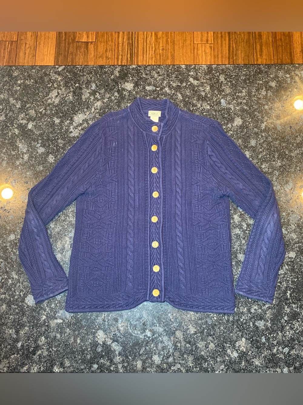 L L Bean Cable Knit Cardigan Sweater Navy 100% Cotton Button Up Womens Medium